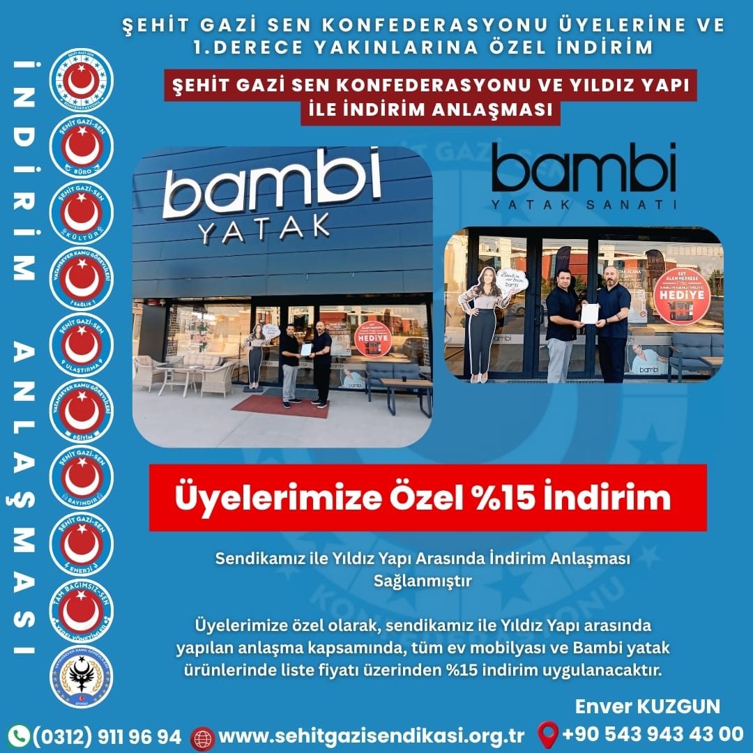 Sendikamız Üyelerine Yıldız Yapı, Bambi Ürünleri ve Diğer Mağaza Eşyalarında %15 İndirim!